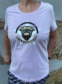 Beige T-Shirt mit dem Aufdruck "Muhviehstar", einem kreativ gestalteten Highlandrind, vertrieben von easy-sticks.
