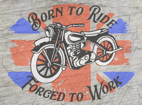 Motorraddesign mit dem Text 'Born to Ride - Forged to Work' auf Holz Hintergrund, ideales für kreative Projekte mit Easy-Sticks.