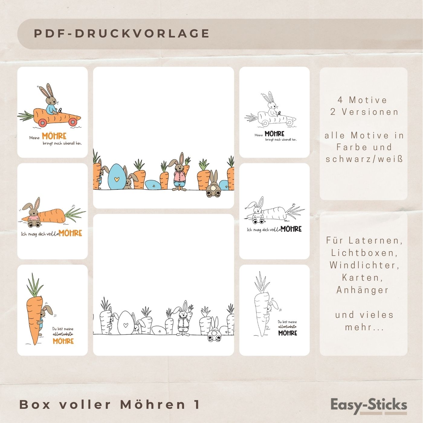 Bunte und schwarz/weiße PDF-Druckvorlage für Laternen und Lichtboxen von Easy-Sticks mit verschiedenen österlichen Motiven, darunter Hasen und Möhren. Ideal für kreative DIY-Projekte zu Ostern, Teil der Kollektion "Volle Möhre 1 - 4 Motive".