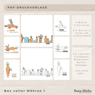 Bunte und schwarz/weiße PDF-Druckvorlage für Laternen und Lichtboxen von Easy-Sticks mit verschiedenen österlichen Motiven, darunter Hasen und Möhren. Ideal für kreative DIY-Projekte zu Ostern, Teil der Kollektion "Volle Möhre 1 - 4 Motive".