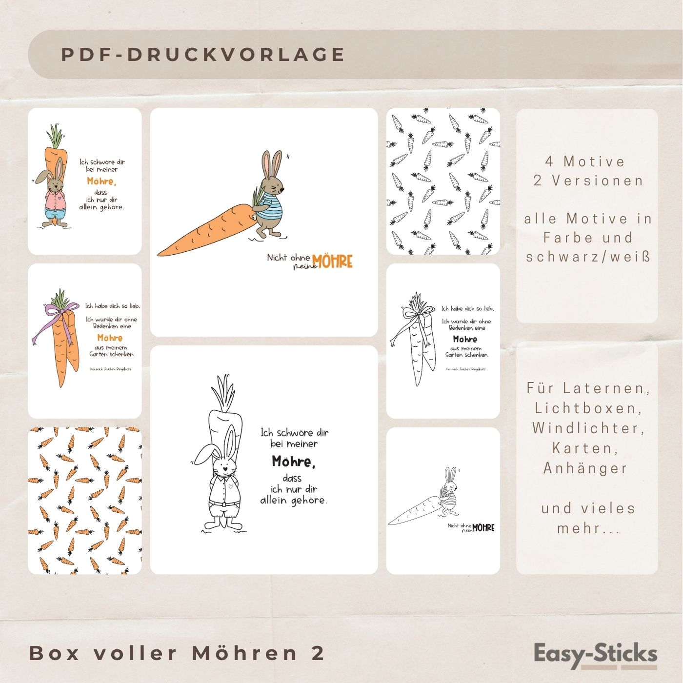 PDF Druckvorlage Volle Möhre 2 von easy-sticks, zeigt 4 kreative Motive für Osterlaternen in farbiger und schwarz/weißer Variante, geeignet für DIY Projekte zu Ostern.