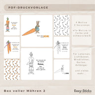 PDF Druckvorlage Volle Möhre 2 von easy-sticks, zeigt 4 kreative Motive für Osterlaternen in farbiger und schwarz/weißer Variante, geeignet für DIY Projekte zu Ostern.