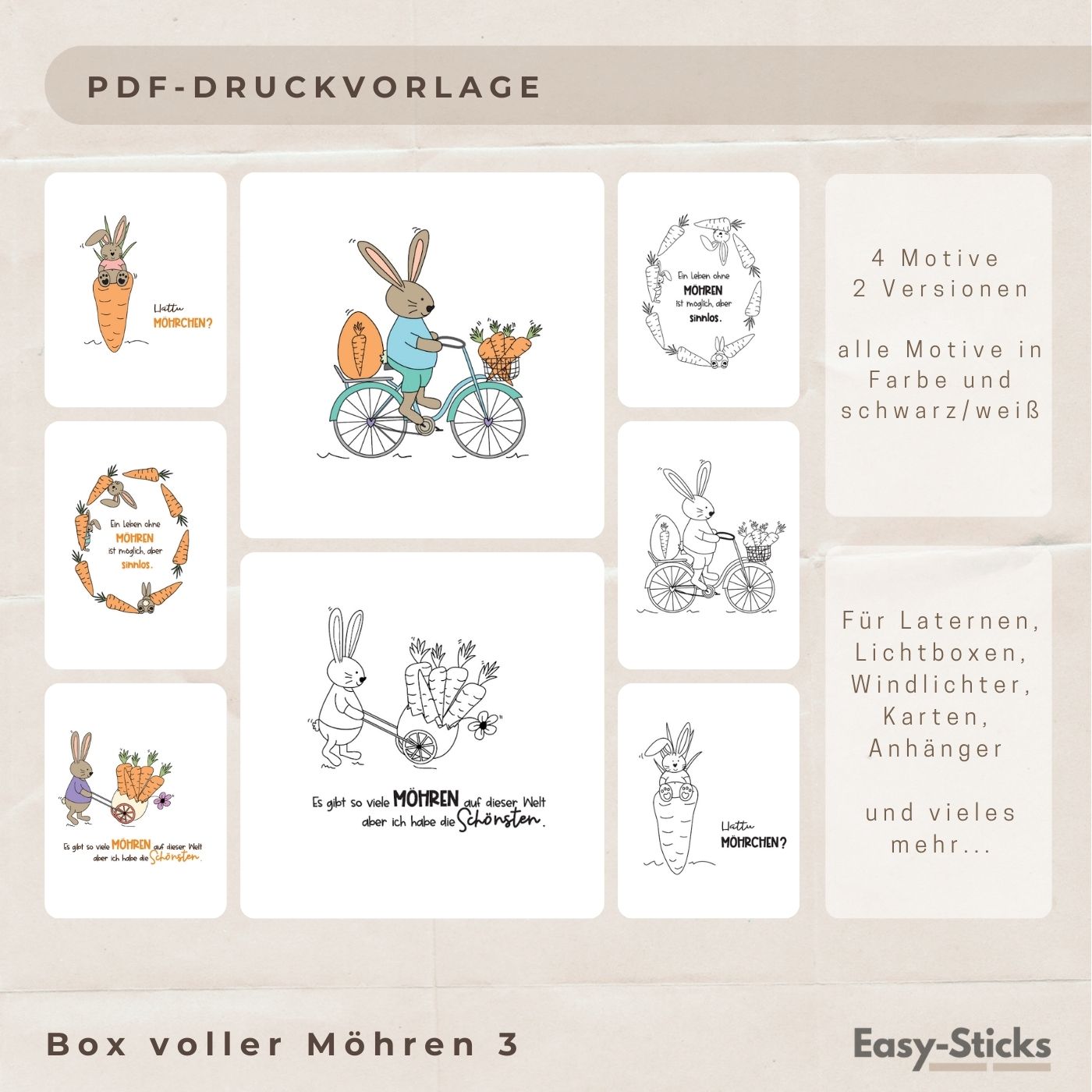 Bunte und schwarz/weiße PDF Druckvorlagen für Laternen und Lichtboxen mit Oster-Motiven von Easy-Sticks. Enthält 4 fröhliche Designs, darunter ein Hase auf einem Fahrrad und kreative Sprüche zu Ostern, perfekt für Bastelprojekte.