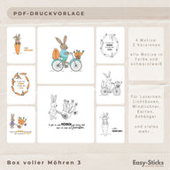 Bunte und schwarz/weiße PDF Druckvorlagen für Laternen und Lichtboxen mit Oster-Motiven von Easy-Sticks. Enthält 4 fröhliche Designs, darunter ein Hase auf einem Fahrrad und kreative Sprüche zu Ostern, perfekt für Bastelprojekte.