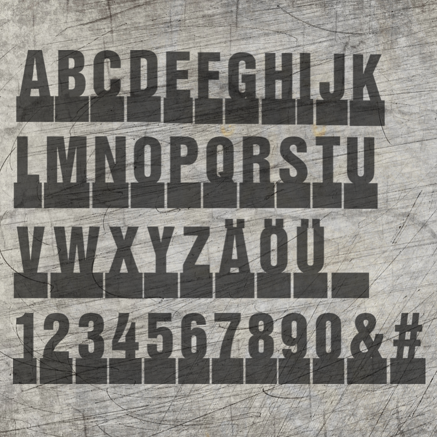 Buchstaben und Zahlen Aufsteller für Easy-Sticks Plotterdatei: Übersichtliche Anordnung der Buchstaben und Zahlen auf einem rustikalen Hintergrund, ideal für kreative Bastelprojekte.