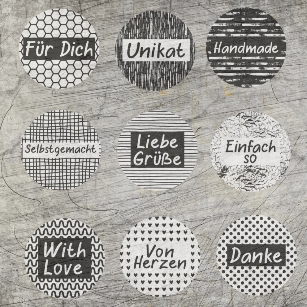 Kreative Button Plotterdatei von easy-sticks mit verschiedenen Designs, darunter 'Für Dich', 'Unikat', 'Handmade', und mehr, ideal für DIY-Projekte.