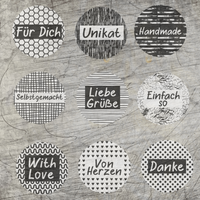 Kreative Button Plotterdatei von easy-sticks mit verschiedenen Designs, darunter 'Für Dich', 'Unikat', 'Handmade', und mehr, ideal für DIY-Projekte.