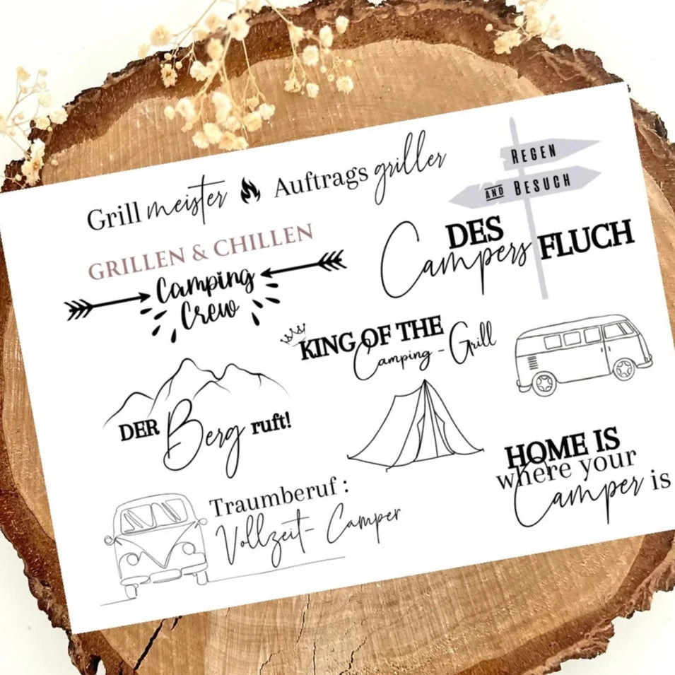 Rub on UV Sticker randlos Camping Life A5 von easy-sticks - Design mit Camping-Motiven, darunter Grill, Zelt und Wohnmobil, ideal für kreative Projekte.