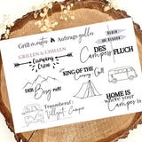 Rub on UV Sticker randlos Camping Life A5 von easy-sticks - Design mit Camping-Motiven, darunter Grill, Zelt und Wohnmobil, ideal für kreative Projekte.