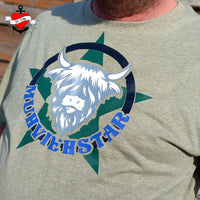 Hellgrünes T-Shirt mit dem Aufdruck "Muhviehstar" und einem stilisierten Highlandrind, erhältlich bei easy-sticks.