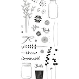 Transparente Stempel von easy-sticks mit botanischen Motiven, Blumen, Vasen und Schriftzügen für kreative Bastelprojekte - Stempelset 'Botanical'.