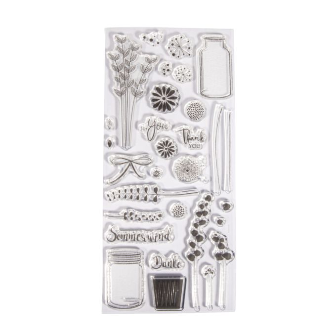 Klarstempel von easy-sticks in einer transparenten Verpackung, versehen mit botanischen Designs und liebevollen Texten für Karten und Geschenke - Stempelset 'Botanical'.