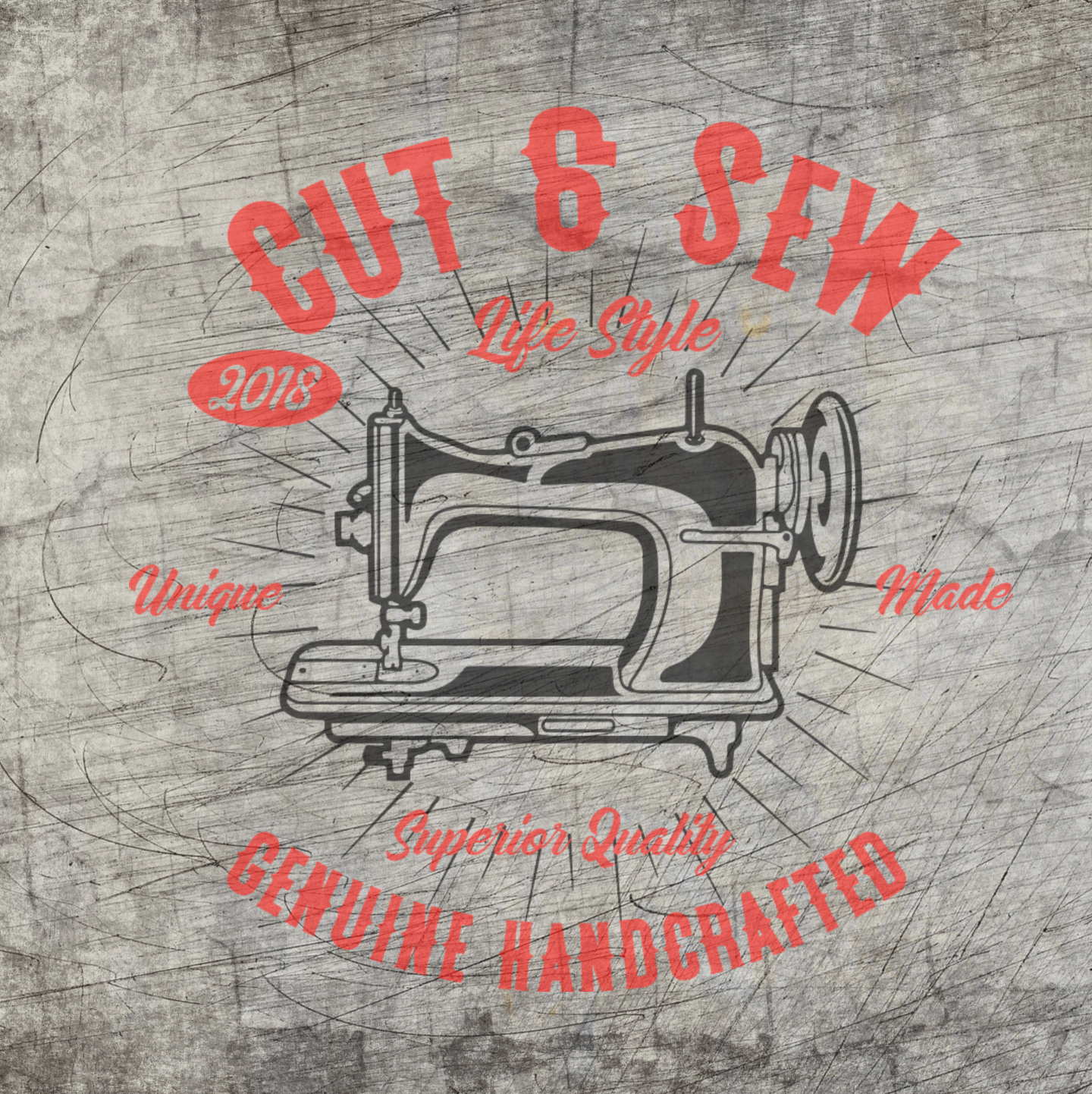 Vintage Nähmaschine mit dem Text 'Cut & Sew' in roter Schrift und kreativen Designelementen. Erhältlich von easy-sticks als digitale Plotterdatei.