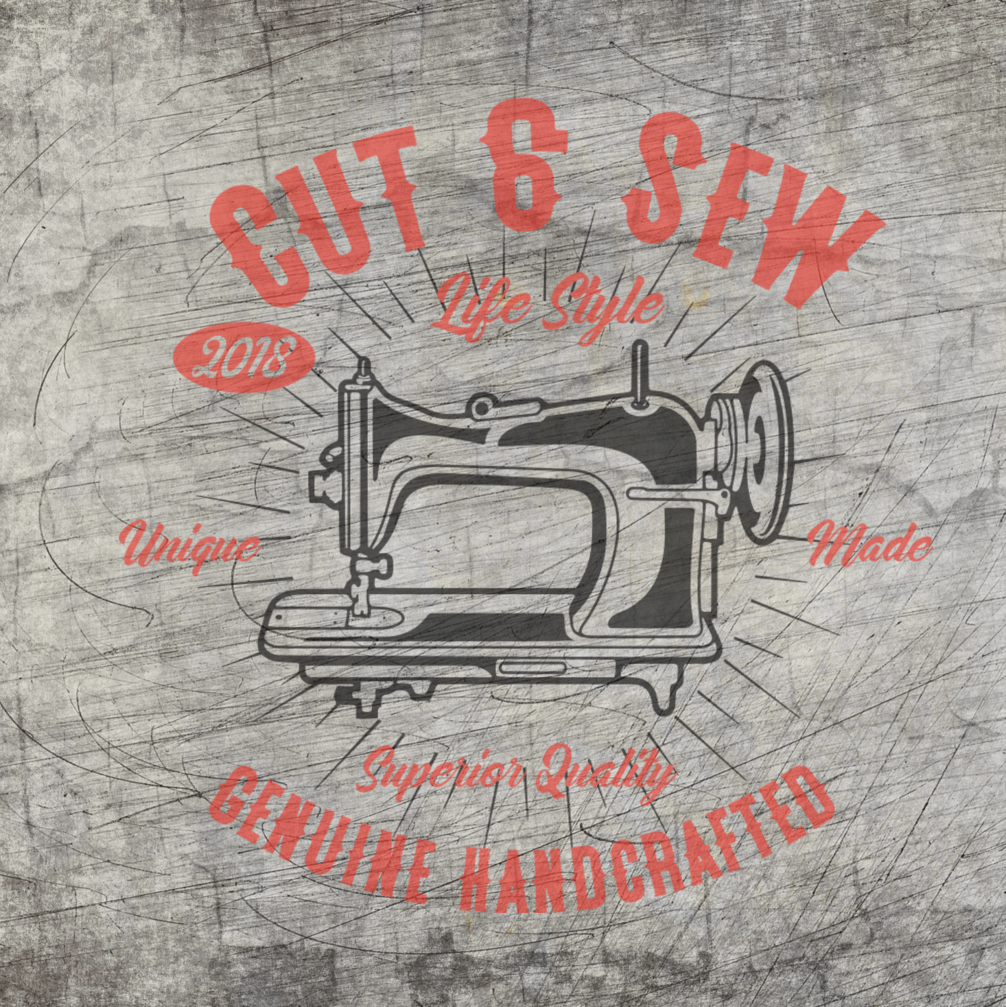 Vintage Nähmaschine mit dem Text 'Cut & Sew' in roter Schrift und kreativen Designelementen. Erhältlich von easy-sticks als digitale Plotterdatei.