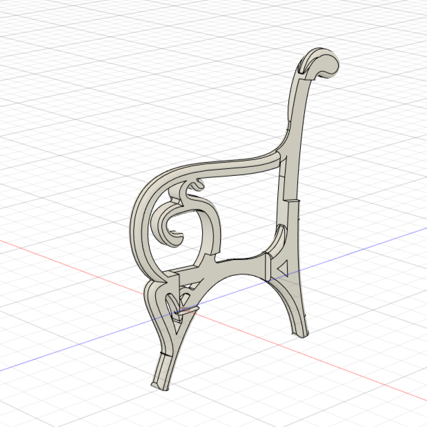 3D-Modell eines filigranen Seitenteils für eine Bank, erstellt mit Bank Edge Design 08 von easy-sticks, ideal für 3D-Drucker und Bastelprojekte.