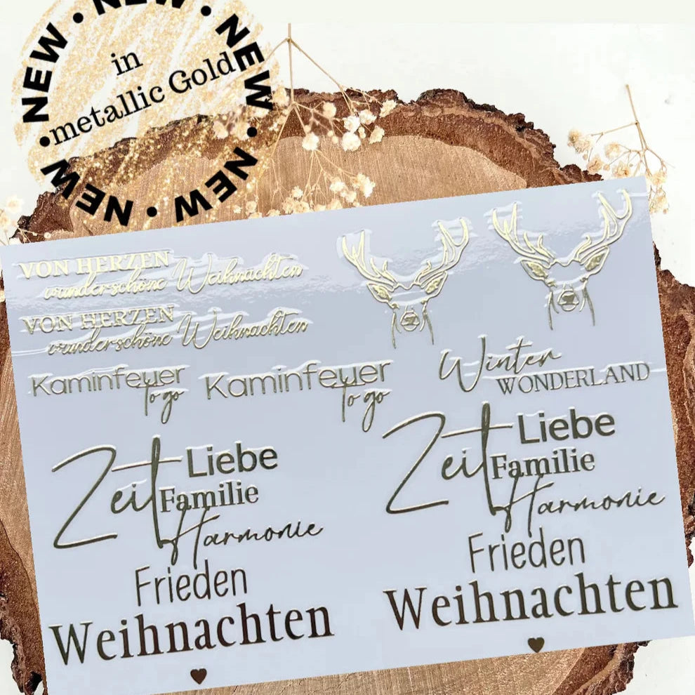 Goldene Aufkleber Weihnachten von easy-sticks, randlose Rub On Sticker in metallischem Gold. Enthält winterliche Motive und Schriftzüge wie 'Frieden Weihnachten', perfekt für die Weihnachtsdekoration.