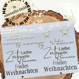 Goldene Aufkleber Weihnachten von easy-sticks, randlose Rub On Sticker in metallischem Gold. Enthält winterliche Motive und Schriftzüge wie 'Frieden Weihnachten', perfekt für die Weihnachtsdekoration.
