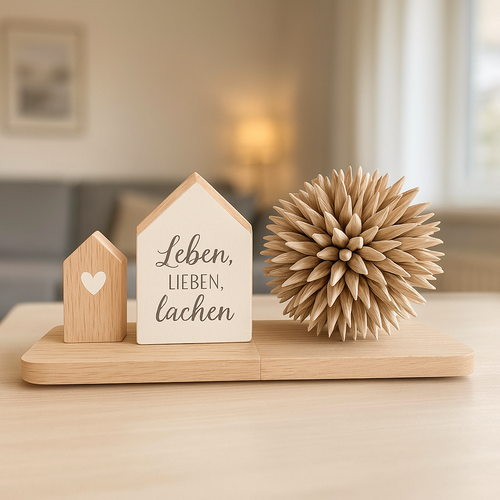 Dekotablett mit lleinem Holzhaus aus Eichenholz, 10 Easy-Sticks, Holzhaus Dekoration B32Cm T12Cm H2cCm