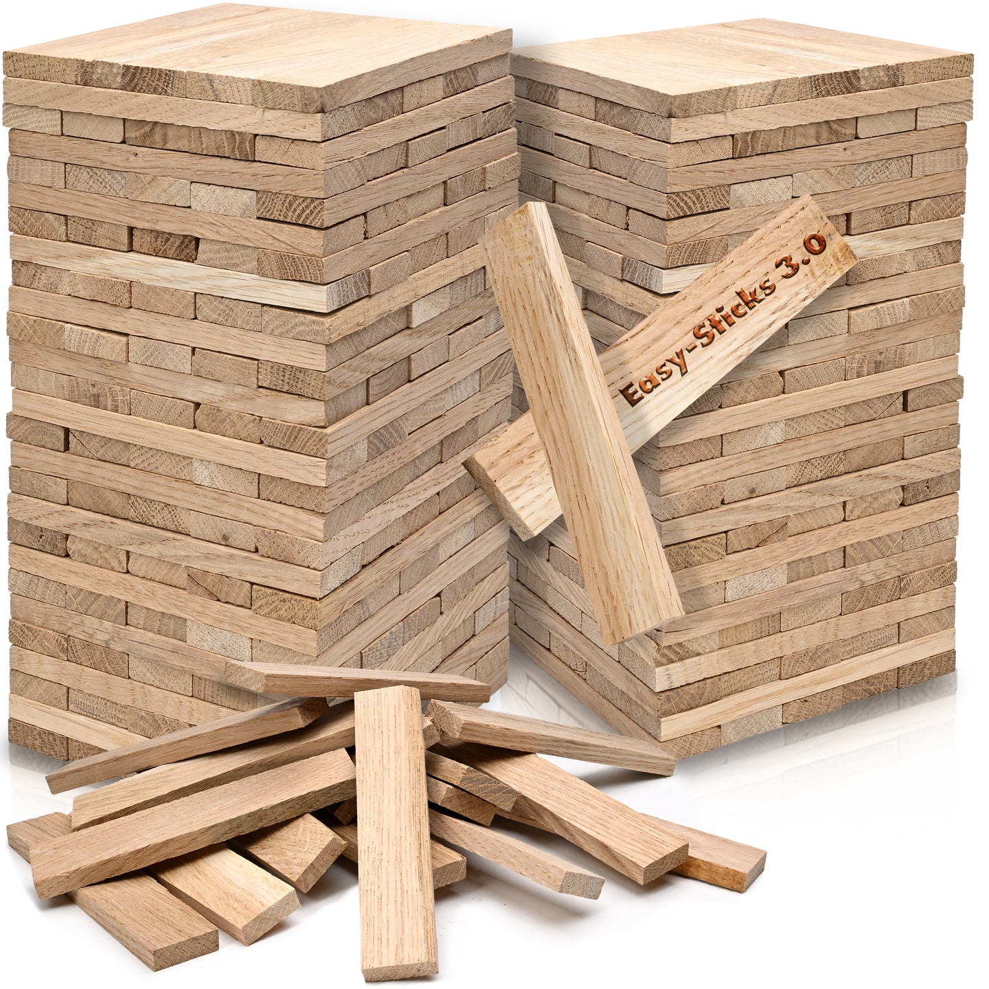 Stapel von Easy-Sticks 3.0 Kurz aus Eiche, perfekt für kreative Bastelprojekte von Easy-Sticks. Hochwertige Holzstücke, ideal für Hobbybastler. Länge 12 cm.