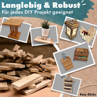Vielseitige DIY-Projekte mit Easy-Sticks 3.0 Kurz aus Eiche - langlebige und robuste Holzstücke, ideal für kreatives Basteln.
