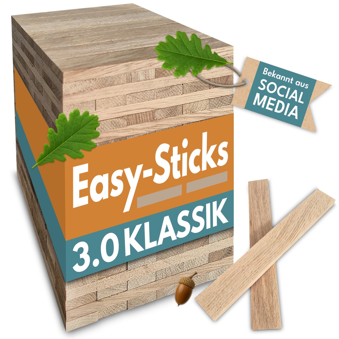 Stapel von Easy-Sticks 3.0 Kurz aus Eiche, perfekt für kreative Bastelprojekte von Easy-Sticks. Hochwertige Holzstücke, ideal für Hobbybastler. Länge 12 cm.
