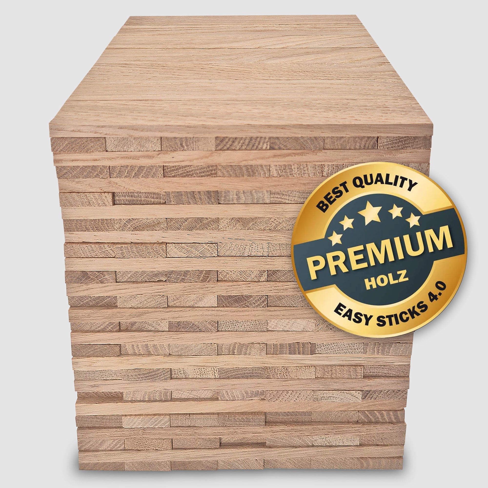 Hochwertige Easy-Sticks 4.0 aus Eichenholz, optimal gestapelt, beste Qualität für kreative Bastelprojekte von Easy-Sticks.