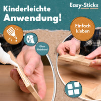 Kinderleichte Anwendung beim basteln mit den Easy-Sticks. Einfach zusammen kleben.
