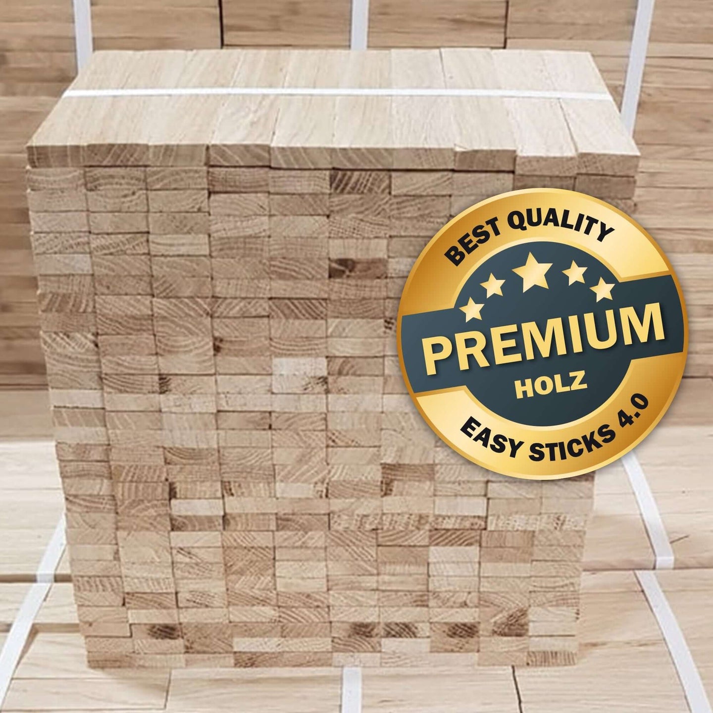 Hochwertige Easy-Sticks 4.0 aus Eichenholz, optimal gestapelt, beste Qualität für kreative Bastelprojekte von Easy-Sticks.