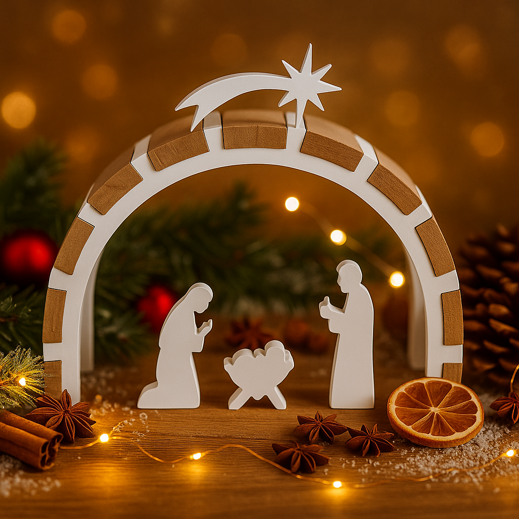 Krippe unter Bogen aus Easy-Sticks gebastelt mit Maria und Josef undJesus