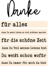 Sprüche für deinen "Danke" Acryl Aufsteller von easy-sticks: Kreative Dankessprüche in eleganter Schriftart auf einem Acryl Hintergrund, ideal zum Plotten und Lasern.