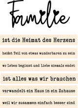 Kreativer Acryl Aufsteller mit dem Schriftzug 'Familie', versehen mit romantischen Sprüchen, von easy-sticks. Perfekt zum Plotten und Lasern für persönliche Deko.