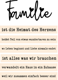 Kreativer Acryl Aufsteller mit dem Schriftzug 'Familie', versehen mit romantischen Sprüchen, von easy-sticks. Perfekt zum Plotten und Lasern für persönliche Deko.
