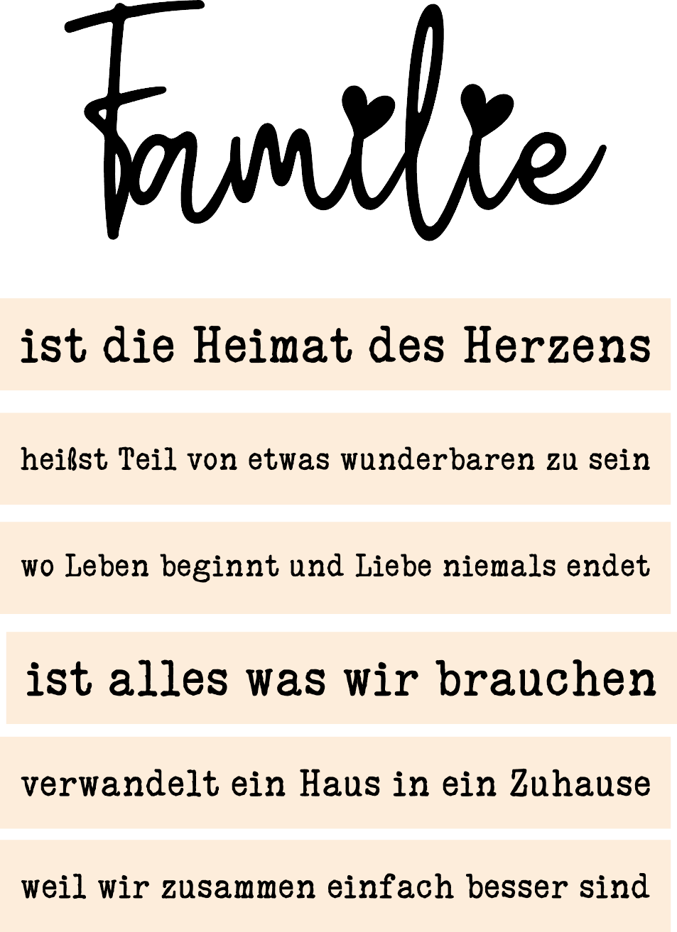Kreativer Acryl Aufsteller mit dem Schriftzug 'Familie', versehen mit romantischen Sprüchen, von easy-sticks. Perfekt zum Plotten und Lasern für persönliche Deko.