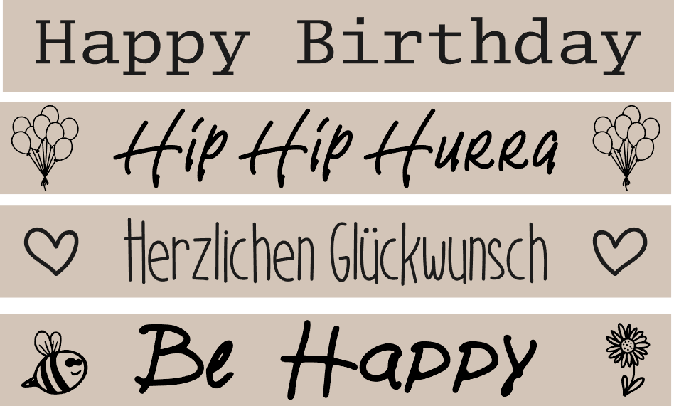 Gestaltete Schriftzüge für Geburtstagsgrüße von easy-sticks: 'Happy Birthday', 'Hip Hip Hurra', 'Herzlichen Glückwunsch', und 'Be Happy'. Perfekt für deine Designprojekte und Gravuren.