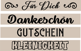 Plotter- & Lasergravur Dateien von easy-sticks: Kreative Gestaltungsmöglichkeiten mit eleganten Schriftzügen 'Für Dich', 'Dankeschön', 'Gutschein' und 'Kleinigkeit'. Perfekt für personalisierte Geschenke.