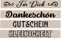 Plotter- & Lasergravur Dateien von easy-sticks: Kreative Gestaltungsmöglichkeiten mit eleganten Schriftzügen 'Für Dich', 'Dankeschön', 'Gutschein' und 'Kleinigkeit'. Perfekt für personalisierte Geschenke.