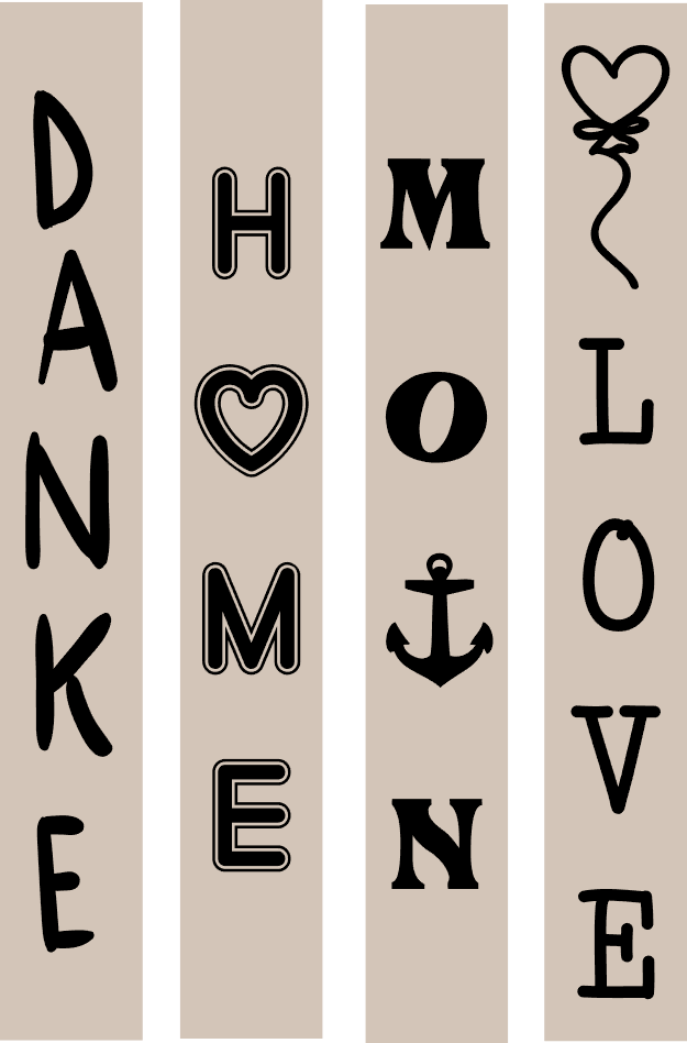 Hochkant Plotter- und Lasergravur Datei von easy-sticks, attraktiv gestaltet mit den Worten DANKE, HOME, MOIN und LOVE auf einem sanften Hintergrund.