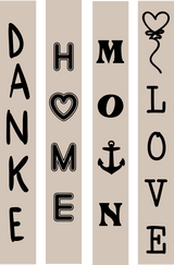 Hochkant Plotter- und Lasergravur Datei von easy-sticks, attraktiv gestaltet mit den Worten DANKE, HOME, MOIN und LOVE auf einem sanften Hintergrund.