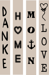 Hochkant Plotter- und Lasergravur Datei von easy-sticks, attraktiv gestaltet mit den Worten DANKE, HOME, MOIN und LOVE auf einem sanften Hintergrund.
