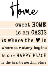 Kreatives Design eines Acryl Aufstellers mit dem Titel 'Sprüche für deinen Home' von easy-sticks, der inspirierende Zitate über die Bedeutung von Zuhause darstellt. Der Aufsteller zeigt schöne Texte wie 'sweet HOME', 'is an OASIS' und 'is our HAPPY PLACE', die perfekt für Glücks- und Wohnraumgestaltung sind.