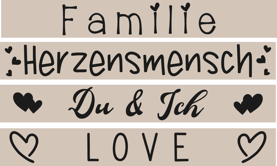 Kreative Plotter- & Lasergravur Dateien - Liebe von easy-sticks, präsentiert mit den einladenden Worten Familie, Herzensmensch, Du & Ich und Love auf einem stilvollen Hintergrund.