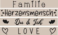 Kreative Plotter- & Lasergravur Dateien - Liebe von easy-sticks, präsentiert mit den einladenden Worten Familie, Herzensmensch, Du & Ich und Love auf einem stilvollen Hintergrund.