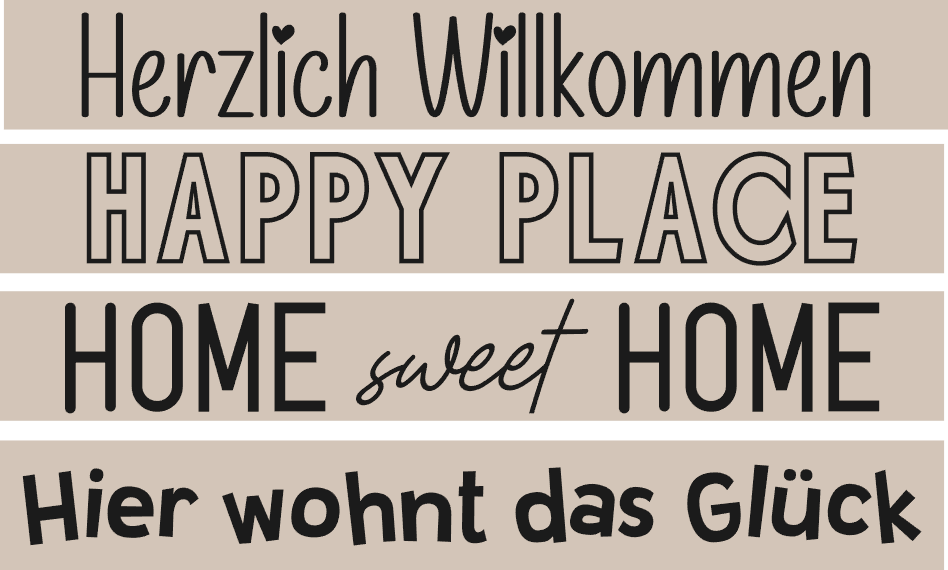 Kreatives Wanddesign mit den inspirierenden Texten "Herzlich Willkommen", "Happy Place", "Home sweet Home" und "Hier wohnt das Glück" von easy-sticks, perfekt für persönliche Wohnräume.