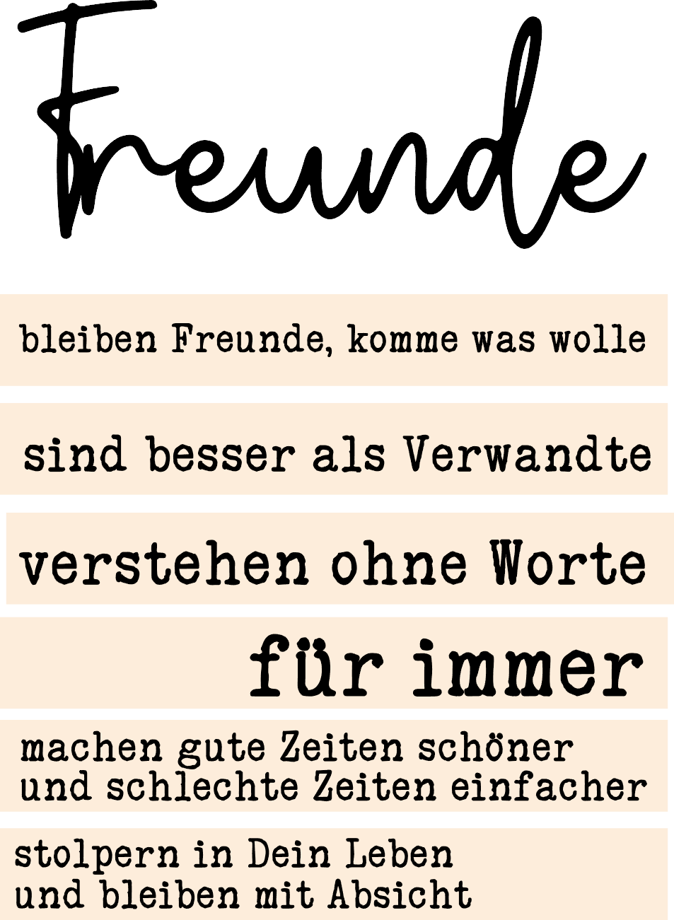 Inspirierendes Design für den "Freunde" Acryl Aufsteller von easy-sticks mit bewegenden Sprüchen, ideal zum Plotten und Lasern. Die Sprüche betonen die Bedeutung von Freundschaft und schönen Momenten.