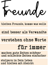Inspirierendes Design für den "Freunde" Acryl Aufsteller von easy-sticks mit bewegenden Sprüchen, ideal zum Plotten und Lasern. Die Sprüche betonen die Bedeutung von Freundschaft und schönen Momenten.