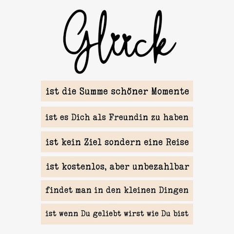 Kreatives Design für den "Glück" Acryl Aufsteller von easy-sticks, der motivierende Sprüche beinhaltet wie 'ist die Summe schöner Momente' und 'findet man in den kleinen Dingen'.