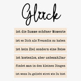 Kreatives Design für den "Glück" Acryl Aufsteller von easy-sticks, der motivierende Sprüche beinhaltet wie 'ist die Summe schöner Momente' und 'findet man in den kleinen Dingen'.