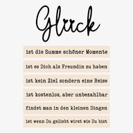 Kreatives Design für den "Glück" Acryl Aufsteller von easy-sticks, der motivierende Sprüche beinhaltet wie 'ist die Summe schöner Momente' und 'findet man in den kleinen Dingen'.
