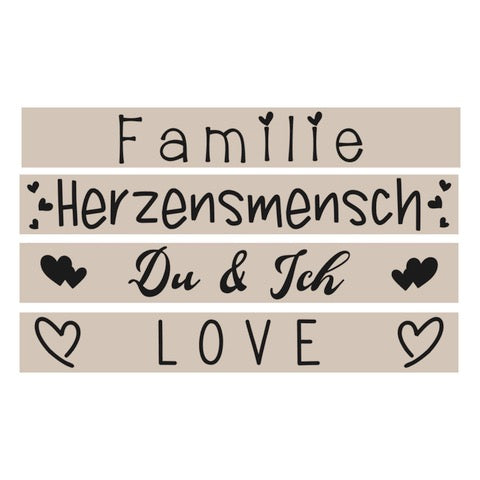 Gestaltung von Plotter- & Lasergravur Dateien - Liebe mit den Worten Familie, Herzensmensch, Du & Ich und Love. Perfekt für kreative Projekte von easy-sticks.