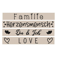 Gestaltung von Plotter- & Lasergravur Dateien - Liebe mit den Worten Familie, Herzensmensch, Du & Ich und Love. Perfekt für kreative Projekte von easy-sticks.